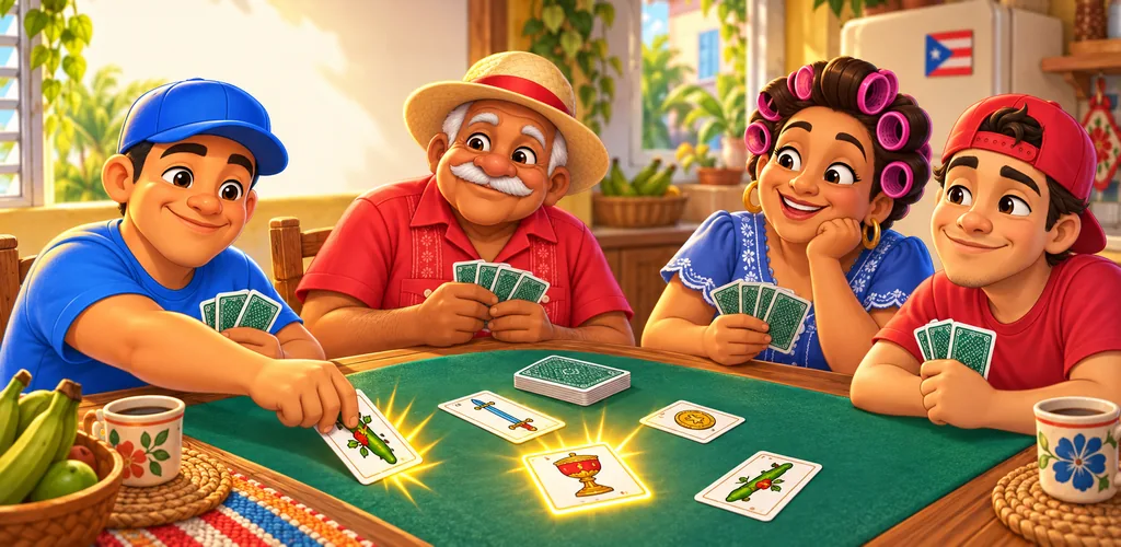 A Puerto Rican family playing brisca with Spanish cards around a green kitchen table.
