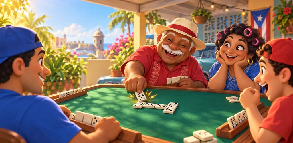 Four friends laughing over a game of dominoes at a green table in a Puerto Rican carport.