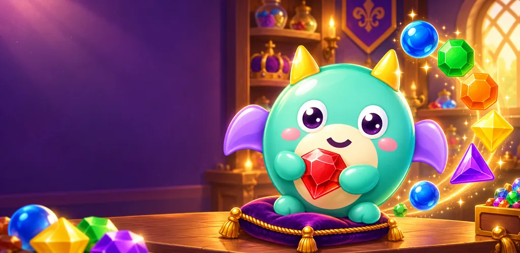 Pip, a baby dragon, hugs a ruby among glowing gems in a royal workshop.