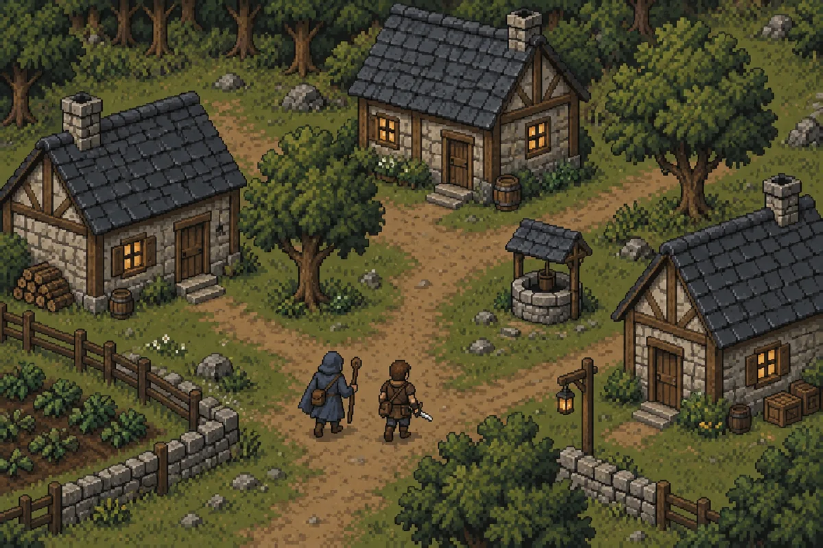 Pixel-art illustration of a small medieval village with a well and two travelers.