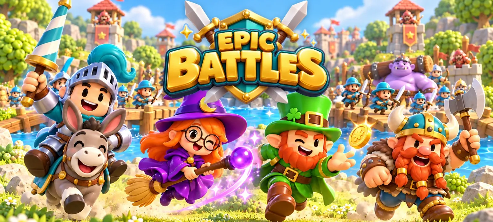 The Epic Battles logo above the four Captains, Sir Bramble on his donkey, Mama Hex the witch, Lucky Finn and Grumbold, charging across a sunny meadow toward a river bridge.