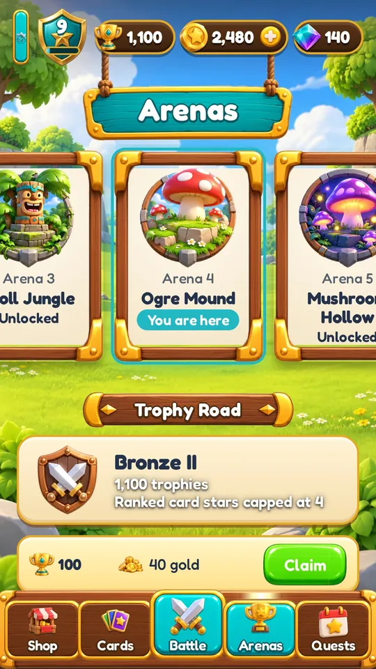 The Arenas tab and the Trophy Road