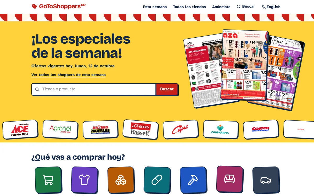 GoToShoppersPR’s Spanish homepage, with weekly circulars, store search and shopping categories.