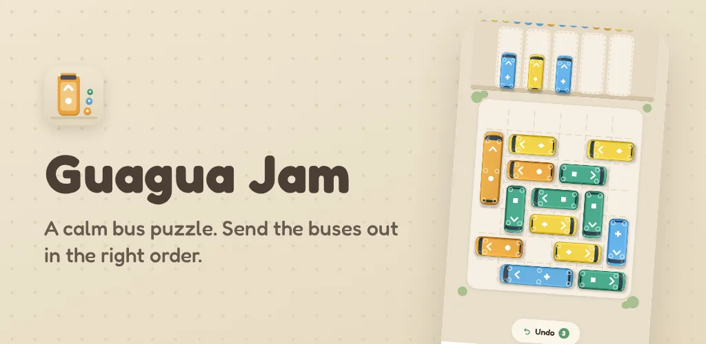 Colorful buses parked in a tidy lot on a phone screen, beside the Guagua Jam title on a warm cream background.