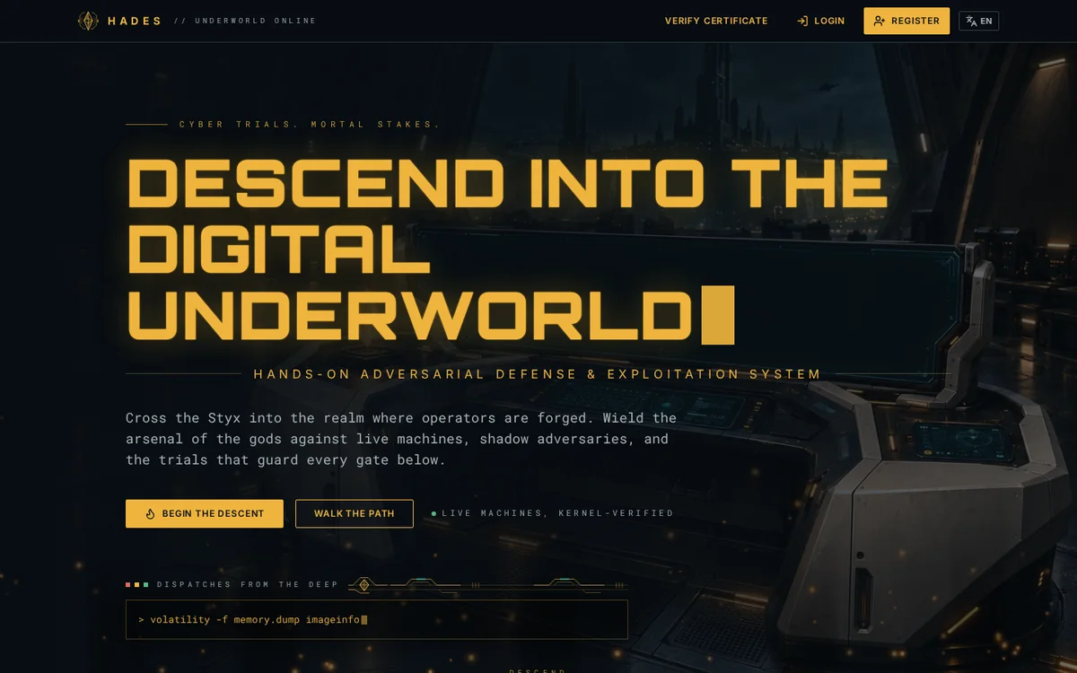 HADES’s amber-on-dark cybersecurity training homepage with its command-deck setting.