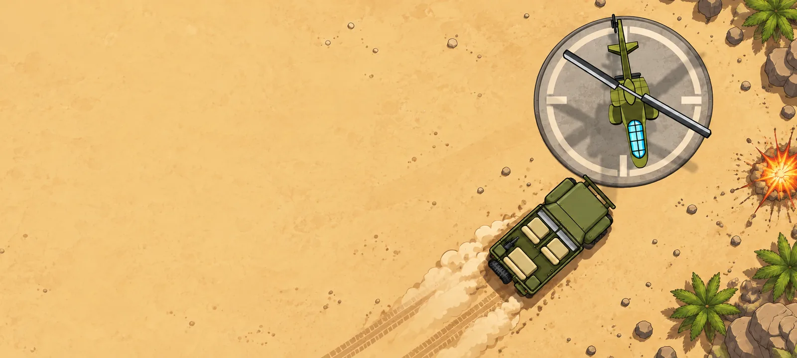 An olive jeep approaches a helicopter landing pad in a sandy military outpost.