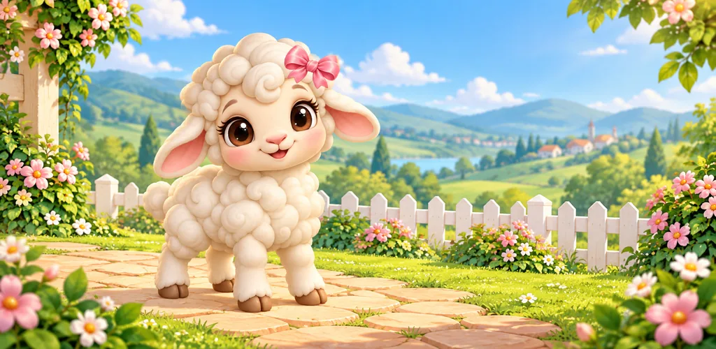 A cream-colored lamb with a pink bow stands on a sunny garden path.