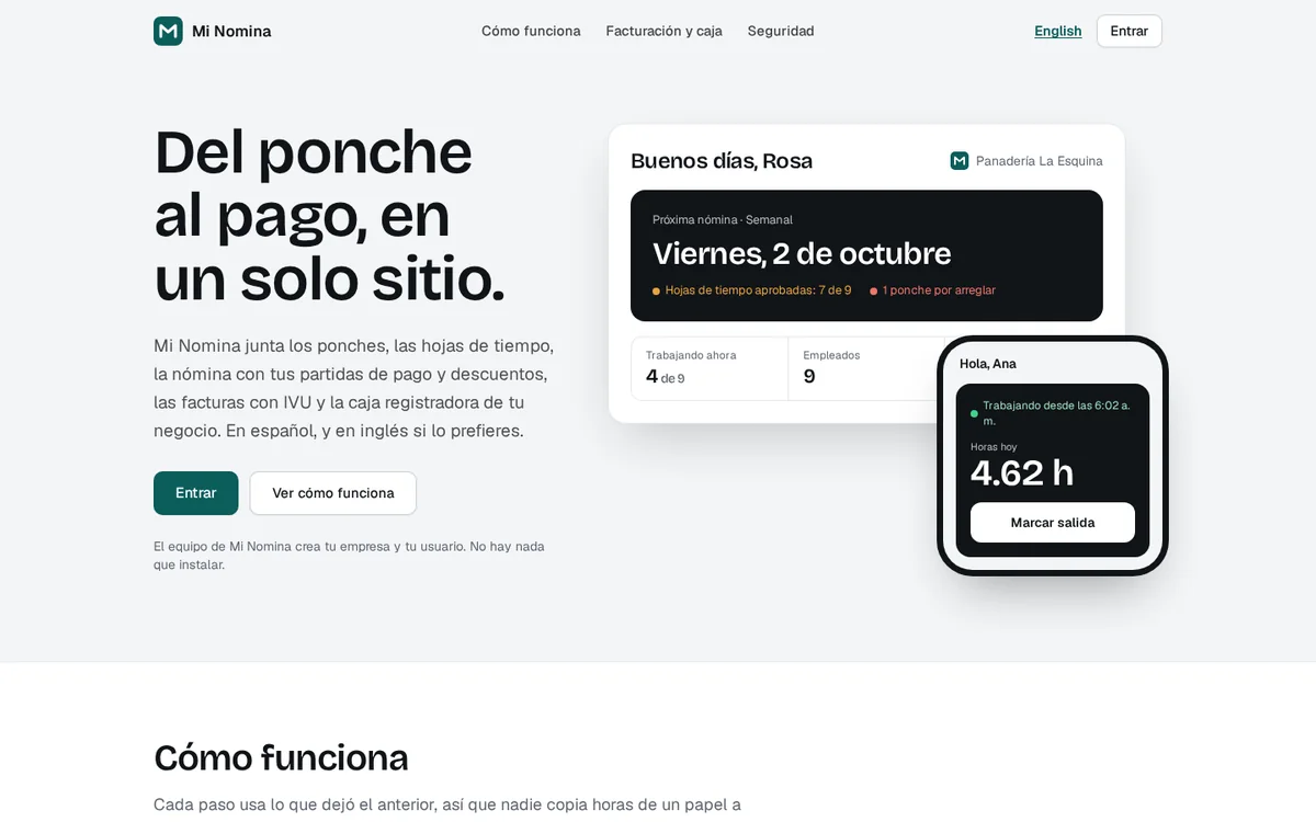 Mi Nomina’s Spanish public homepage with sample office and employee time-clock previews.