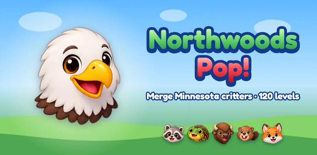 A smiling bald eagle with raccoon, turtle, buffalo, beaver and fox critters.