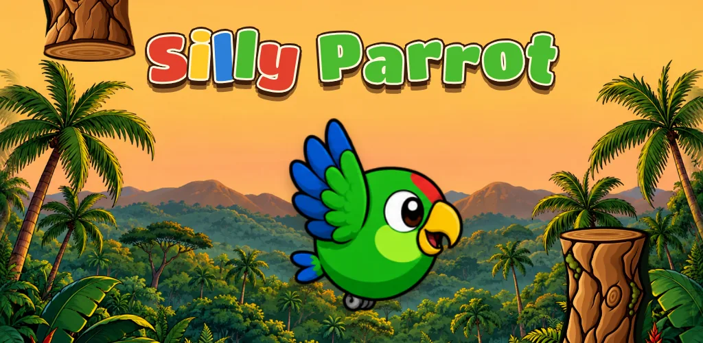 The green Silly Parrot flying between jungle logs above a Puerto Rican rainforest at sunset.