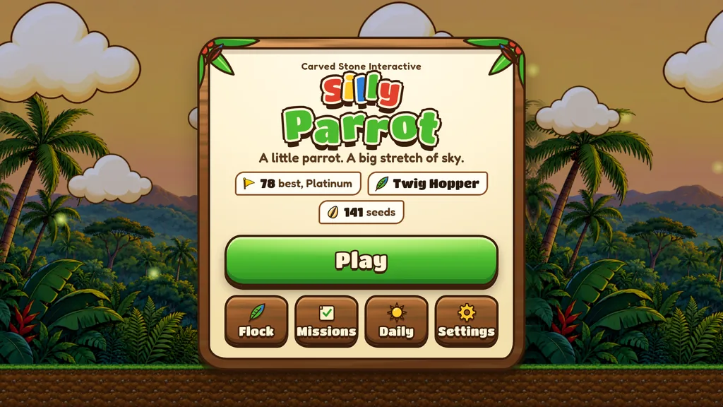 The Silly Parrot title screen and play options