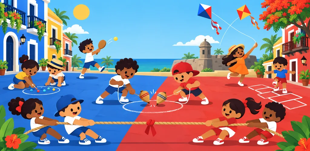 Kids playing tug of war, spinning tops, kites and marbles on a blue and red patio in Old San Juan.