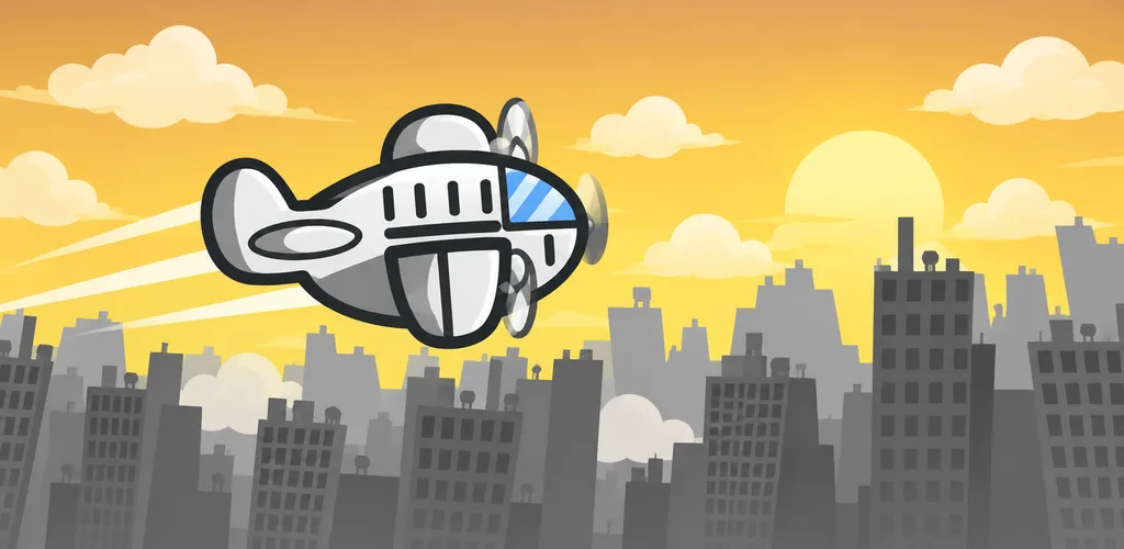 A silver cartoon propeller plane flying over a grey city skyline.