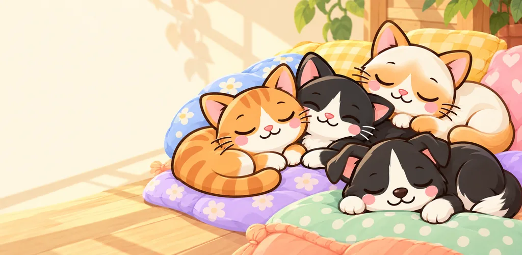 Cats and a dog asleep together on colorful patterned cushions in a sunny room.