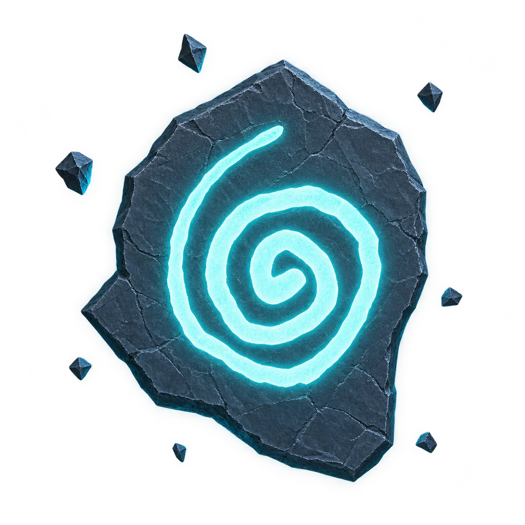 Our studio mark: a glowing cyan spiral carved into rough blue-grey slate.