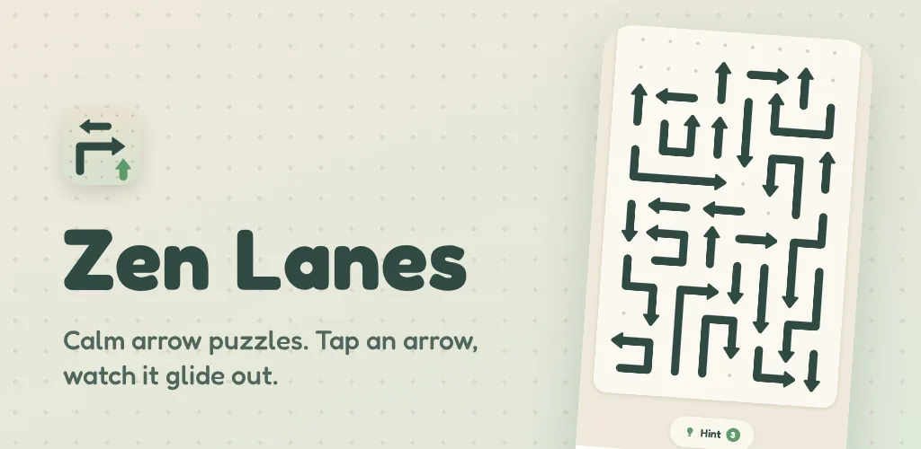A board of dark green arrows on a pale phone screen beside the Zen Lanes title on a soft green background.