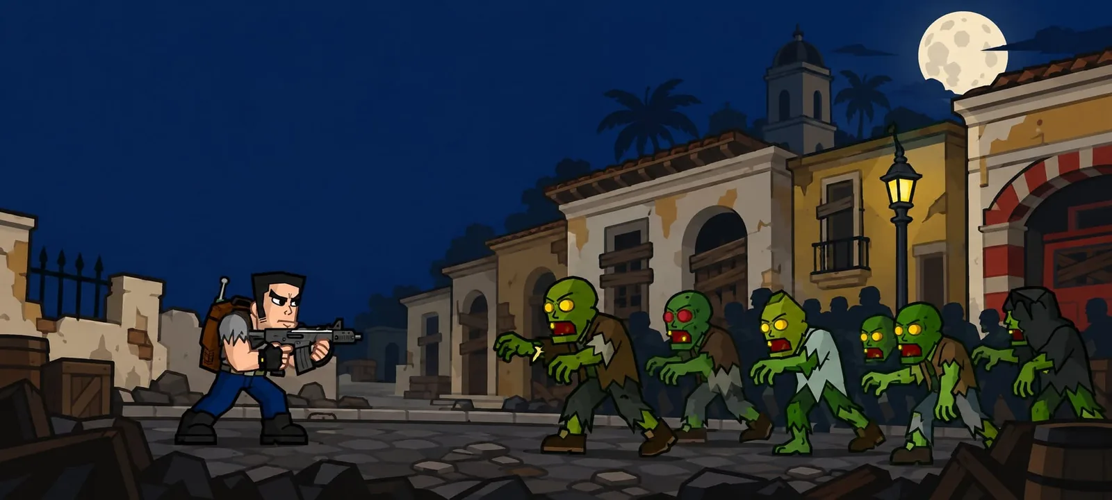A hero faces a zombie horde on a moonlit Puerto Rican street.